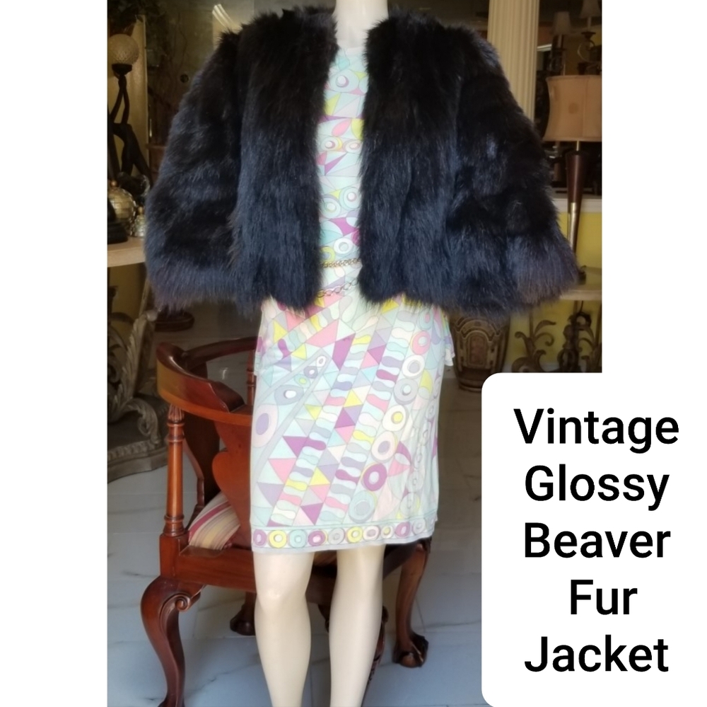 Fabulous Vintage Jet Black  Glossy long haired Beaver  cropped Fur Jacket 